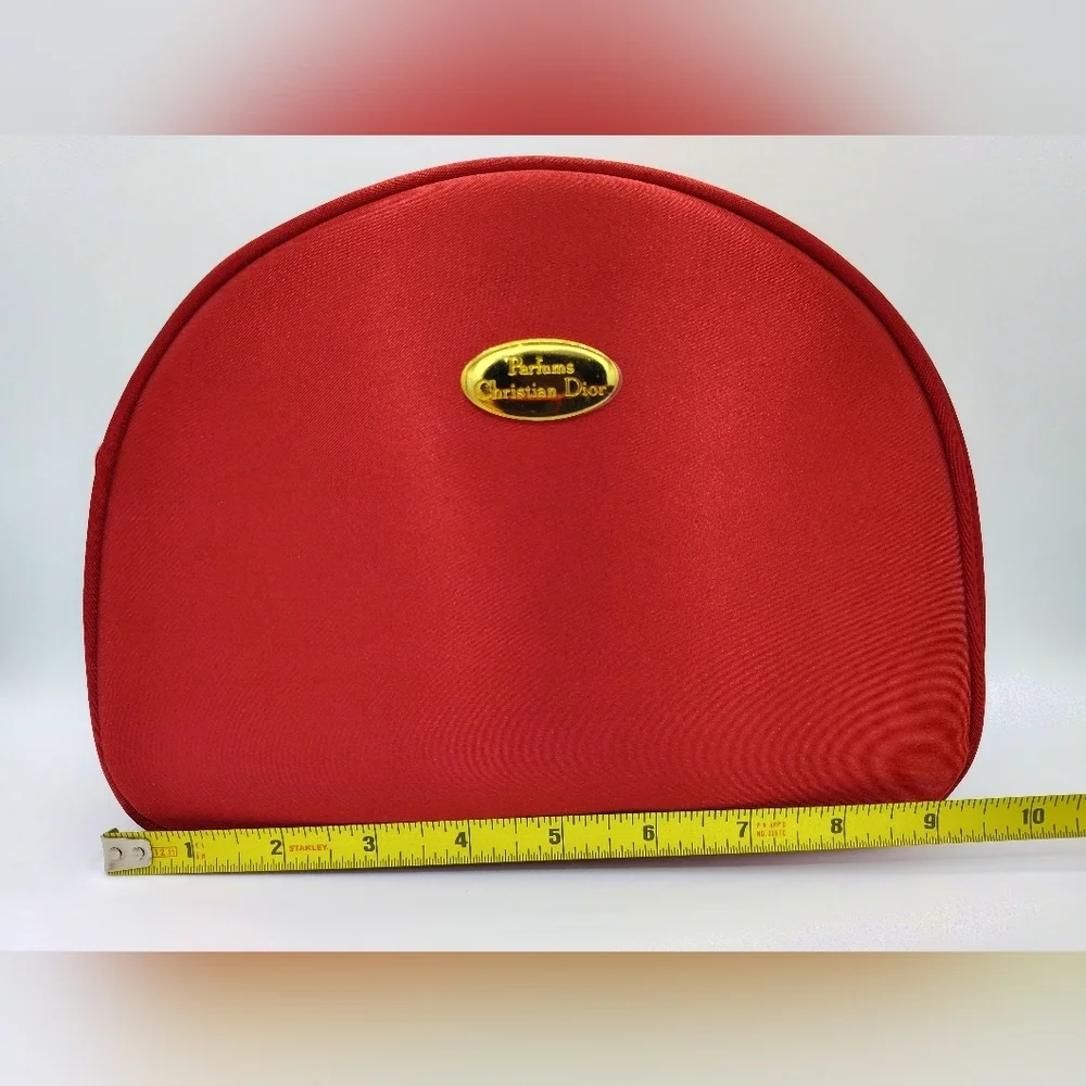 Early 1990s Vintage DIOR Parfum Red Satin Vanity Gold Plaque Vanity Makeup Bag